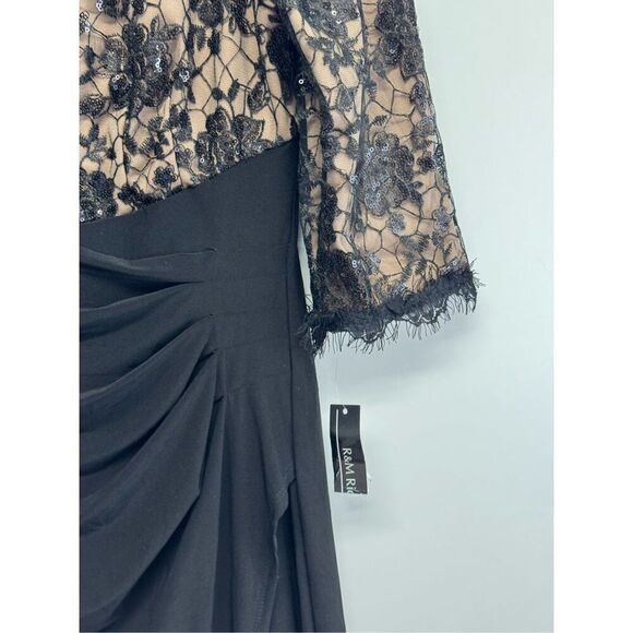R&M Richards Gown Size 10 Black Beige Lace 3/4 Sleeve Maxi Front Slit Sequined - Picture 7 of 8